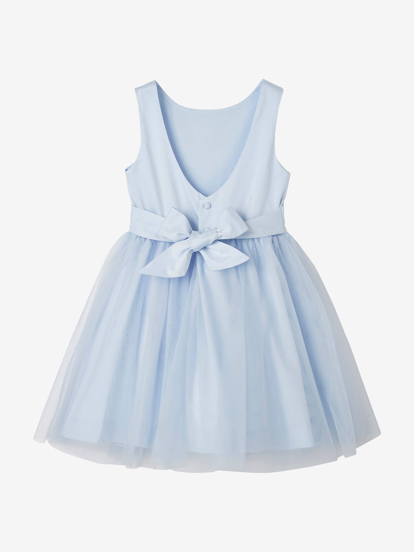 Vestido de ceremonia satén y niña azul claro liso -