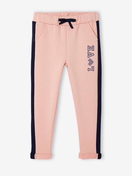 Pantalón deportivo de felpa con bandas los lados, para niña rosa claro con motivos Vertbaudet