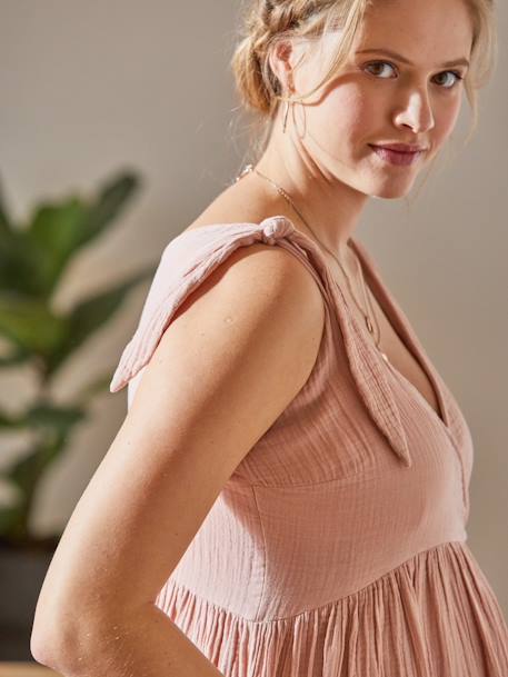 Vestido corto de gasa de algodón, para embarazo y lactancia BEIGE CLARO ESTAMPADO+ROSA CLARO LISO 