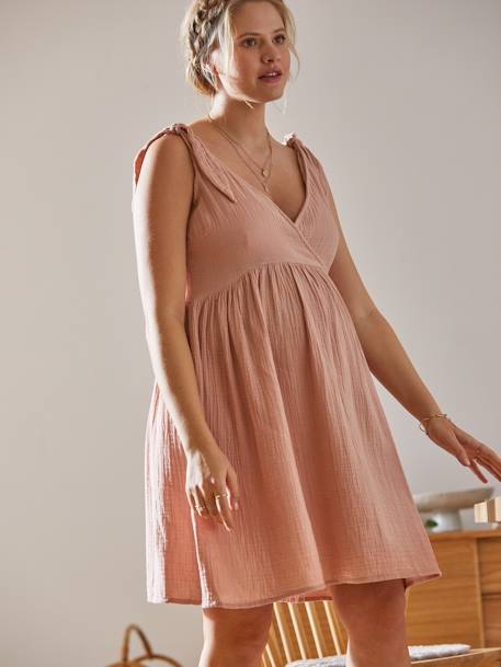 Vestido corto de gasa de algodón, para embarazo y lactancia BEIGE CLARO ESTAMPADO+ROSA CLARO LISO 
