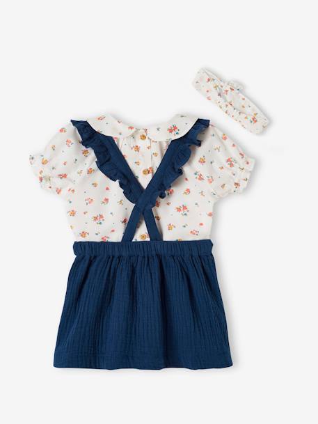 Conjunto de blusa, falda con tirantes y cinta del pelo para bebé AMARILLO MEDIO LISO+BLANCO CLARO ESTAMPADO 
