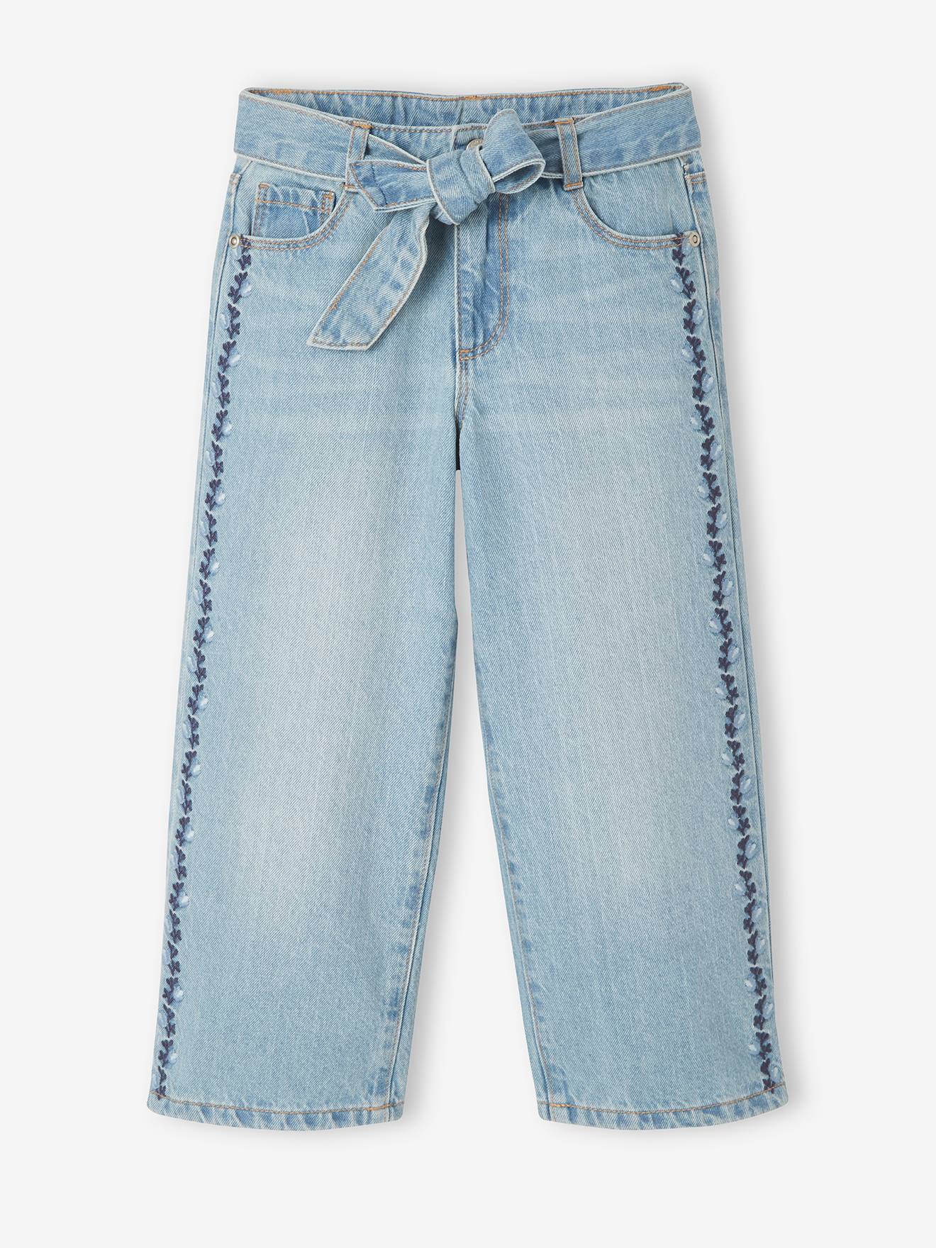 Pantalón ancho bordado de flores, para niña azul claro liso con motivos -  Vertbaudet