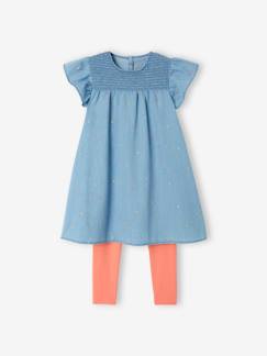 Niña-Vestidos-Conjunto de dos prendas, con vestido bordado de denim y leggings para niña