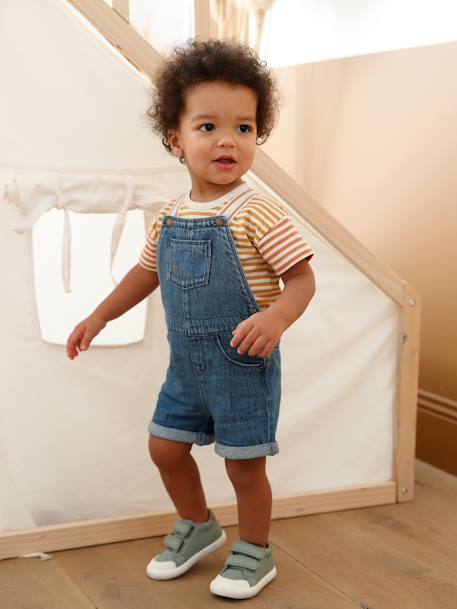 Zapatillas de tela con cierre autoadherente, bebé niño marrón+VERDE CLARO LISO 