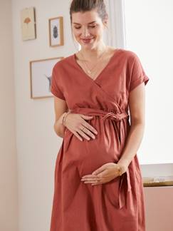 Ropa Premamá-Vestidos embarazo-Vestido largo cruzado de algodón y lino, para embarazo y lactancia