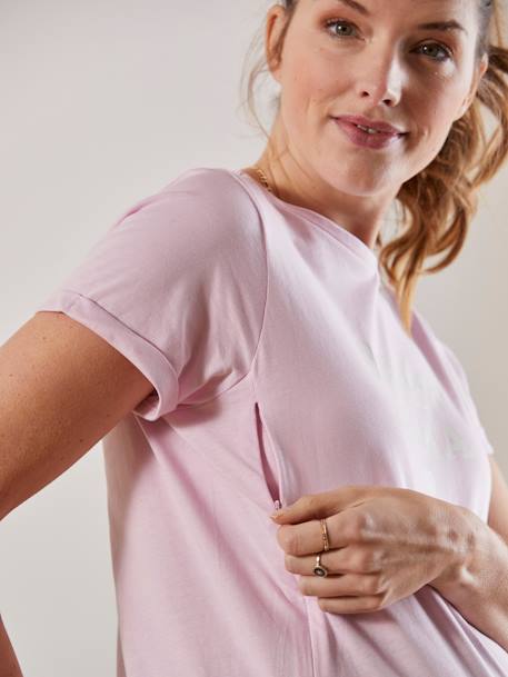Camiseta con mensaje para embarazo y lactancia de algodón orgánico VIOLETA CLARO LISO CON MOTIVOS 