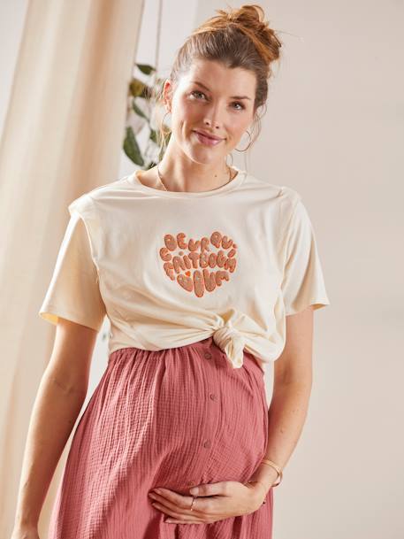 Camiseta con mensaje para embarazo y lactancia, de algodón BEIGE OSCURO LISO CON MOTIVOS 