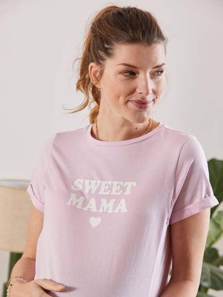 Camiseta con mensaje para embarazo y lactancia de algodón orgánico VIOLETA CLARO LISO CON MOTIVOS 