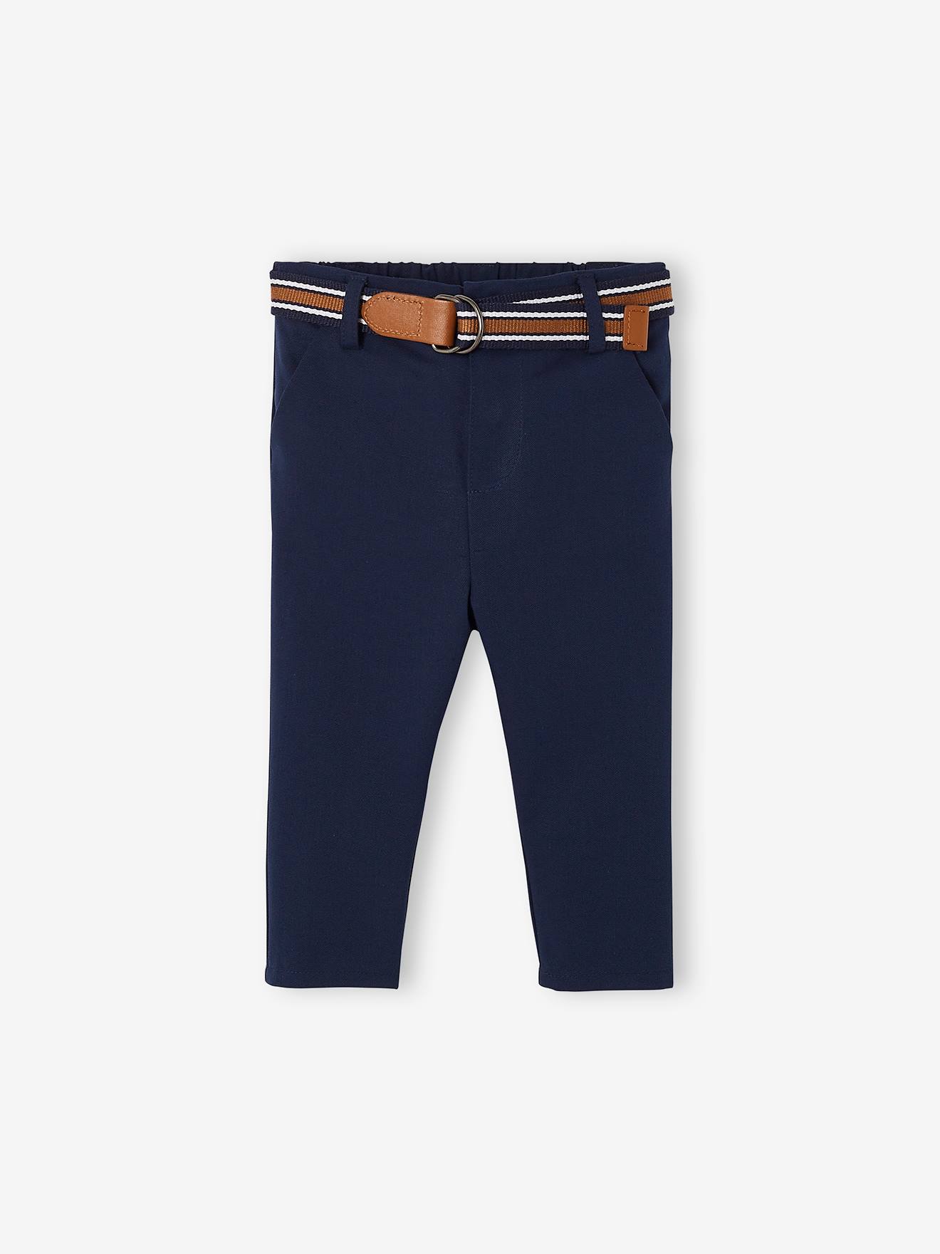 Pantalón de lino y algodón de fiesta con cinturón, para bebé azul oscuro  liso - Vertbaudet