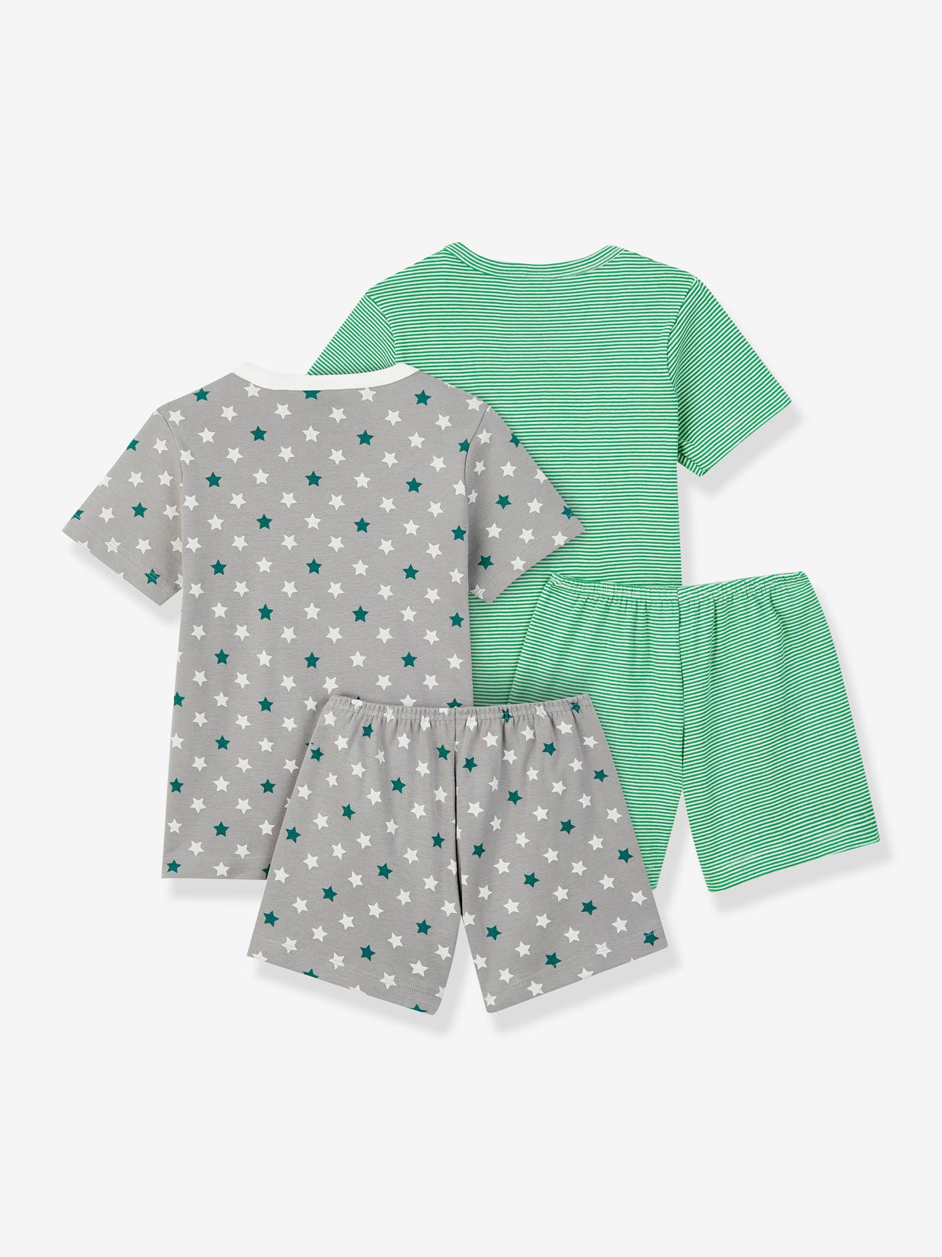 Lote de 2 pijamas short Estrellas y milrayas de algodón para niño PETIT BATEAU verde medio rayas - Petit Bateau