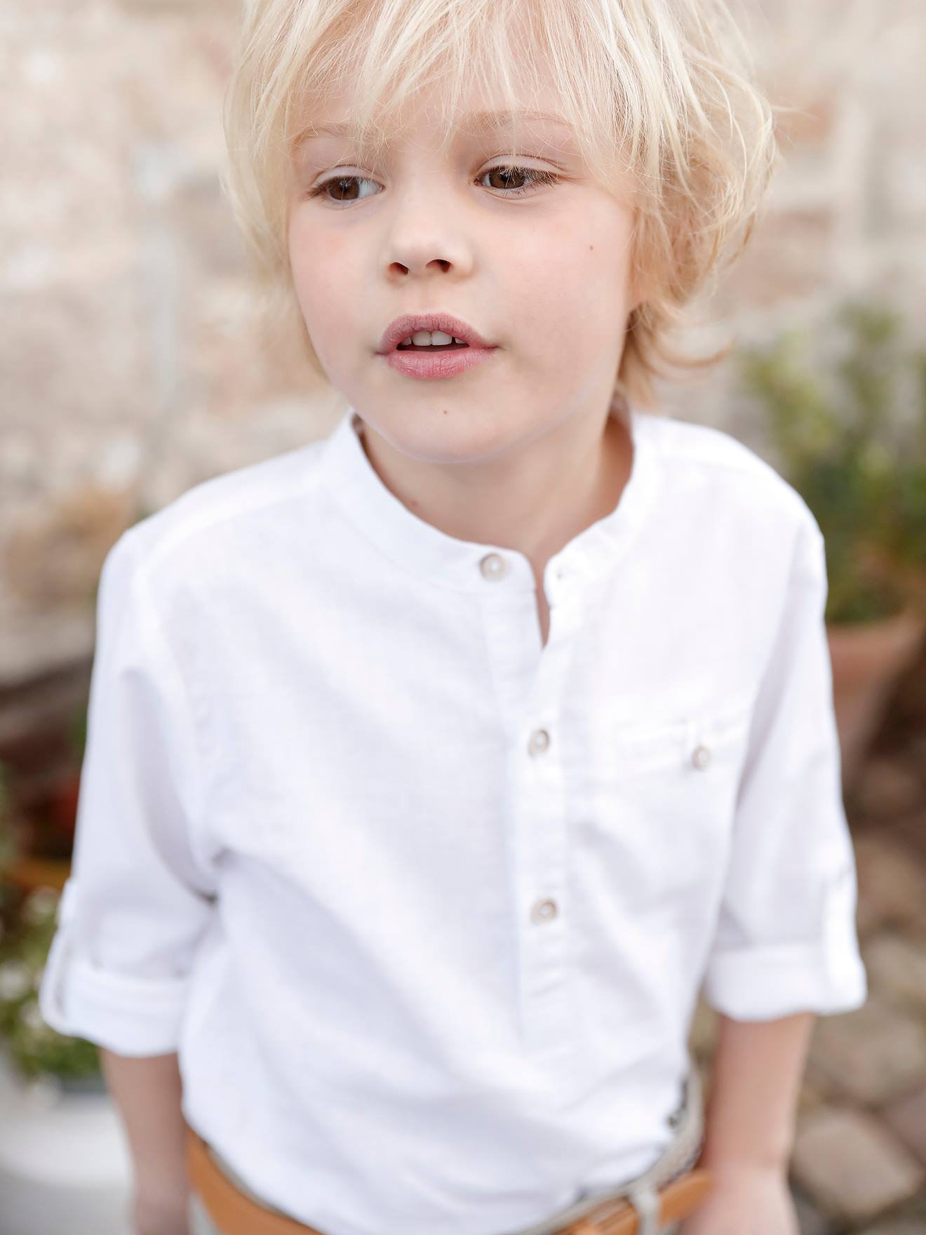 manzana aniversario Colibrí Camisa de lino/algodón para niño con cuello mao, de manga larga blanco  claro liso - Vertbaudet