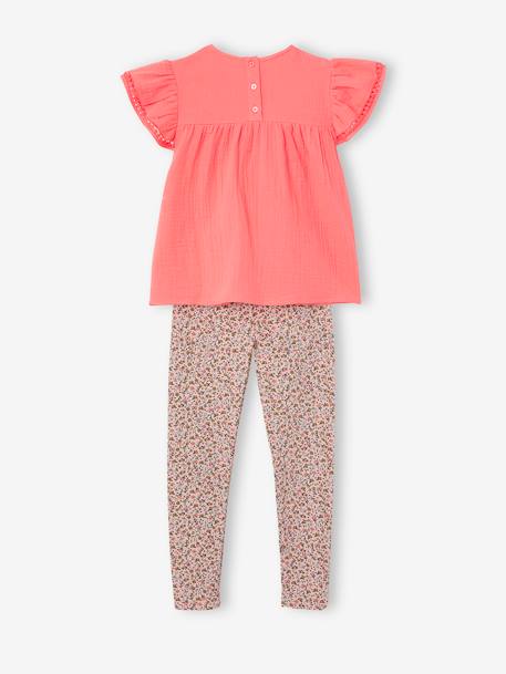 Conjunto de blusa de gasa de algodón y leggings estampados, para niña BLANCO CLARO LISO+NARANJA MEDIO LISO 