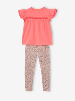 Niña-Conjuntos-Conjunto de blusa de gasa de algodón y leggings estampados, para niña