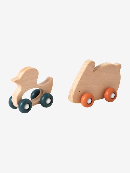 Conjunto de 2 animales a ruedas de madera y silicona NARANJA OSCURO LISO 