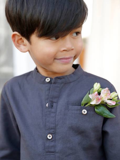 Camisa de lino/algodón para niño con cuello mao, de manga larga AZUL FUERTE LISO+Blanco claro liso+VERDE MEDIO LISO 
