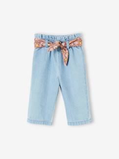 Bebé-Pantalones, vaqueros -Pantalón ancho de denim para bebé con cinturón de tejido de flores