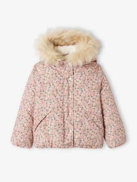 Chaqueta acolchada corta con capucha estampada de flores, niña BEIGE CLARO LISO+VIOLETA MEDIO ESTAMPADO 