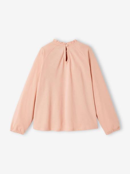 Camiseta blusa con detalle de bordado inglés, niña amarillo pálido+ROSA MEDIO LISO+VERDE OSCURO LISO+VIOLETA OSCURO LISO 