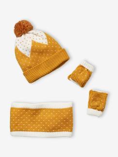 Niña-Accesorios-Gorros, bufandas, guantes-Conjunto de gorro + snood + manoplas de punto jacquard dorado