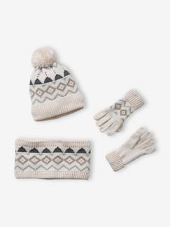 Niño-Accesorios-Gorros, bufandas, guantes-Conjunto de gorro + snood + guantes de punto jacquard, para niño