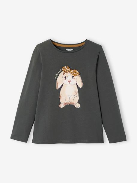Camiseta con conejo y lacito fantasía, niña GRIS OSCURO LISO CON MOTIVOS 