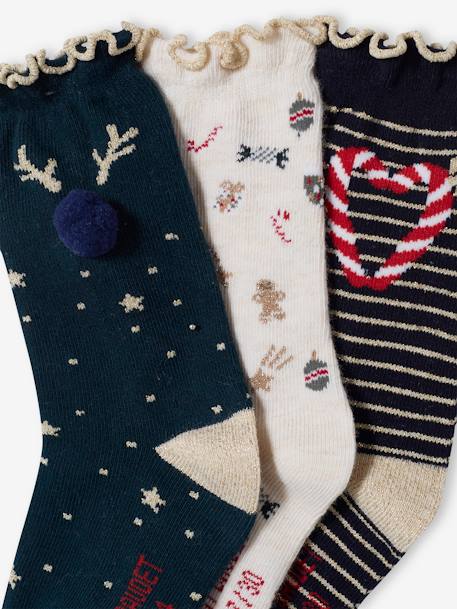 Lote de 3 pares de calcetines Navidad, niña verde pino 
