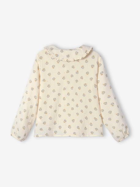 Blusa de gasa de algodón con detalles de volantes y motivos estampados, para niña AMARILLO OSCURO LISO+AZUL MEDIO LISO+AZUL OSCURO ESTAMPADO+BLANCO MEDIO ESTAMPADO 