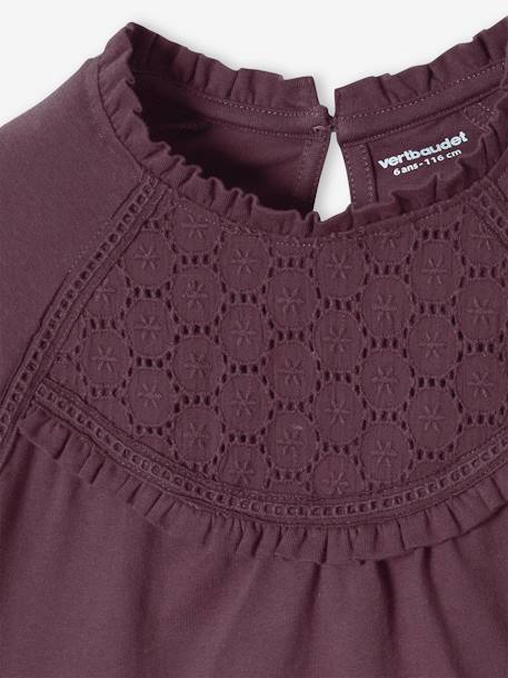 Camiseta blusa con detalle de bordado inglés, niña amarillo pálido+ROSA MEDIO LISO+VERDE OSCURO LISO+VIOLETA OSCURO LISO 