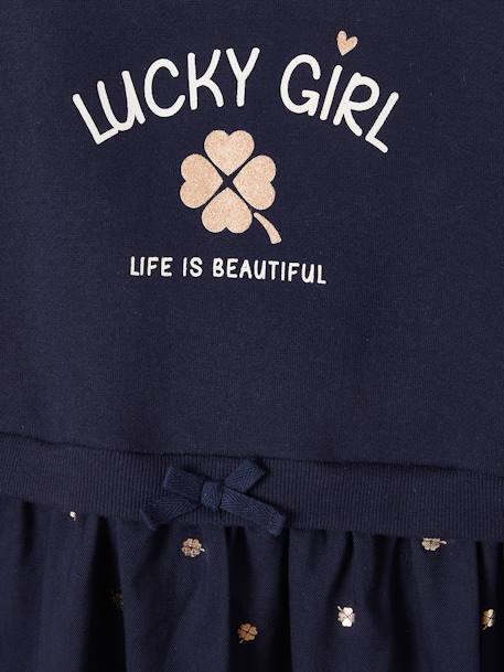 Vestido de dos materias con capucha, niña AZUL MEDIO LISO CON MOTIVOS+ROSA MEDIO LISO CON MOTIVOS 