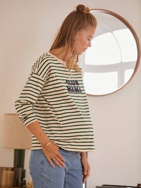 Camiseta marinera para embarazo y lactancia, de algodón orgánico AZUL OSCURO A RAYAS+VERDE MEDIO A RAYAS 