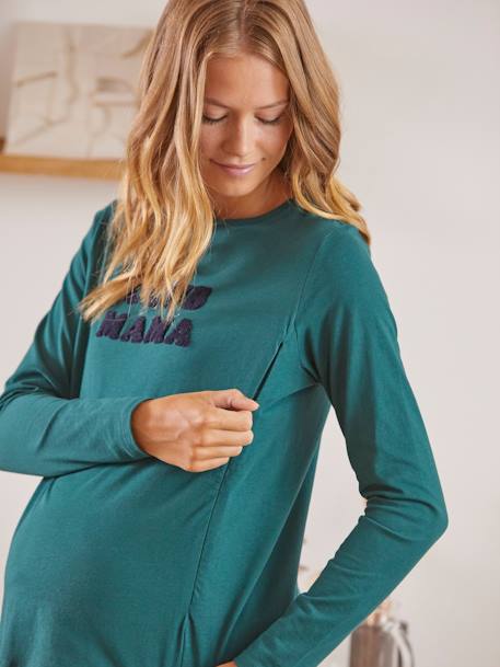 Camiseta con mensaje para embarazo y lactancia de algodón orgánico AZUL OSCURO LISO+VERDE OSCURO LISO CON MOTIVOS 