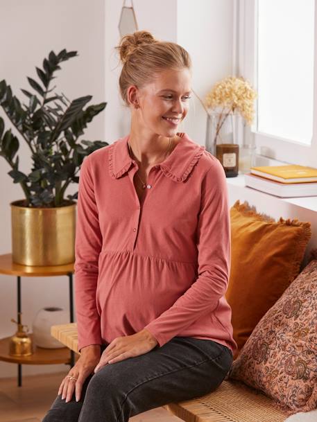 Camiseta blusa con cuello con volante para embarazo y lactancia ROSA OSCURO LISO 