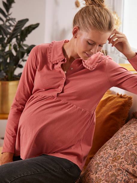 Camiseta blusa con cuello con volante para embarazo y lactancia ROSA OSCURO LISO 