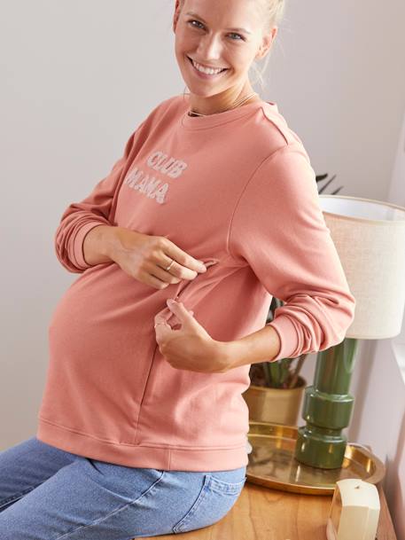 Sudadera de felpa con mensaje para embarazo y lactancia GRIS MEDIO LISO CON MOTIVOS+MARRON OSCURO LISO CON MOTIVOS 