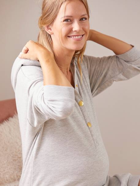 Vestido sudadera de felpa con capucha para embarazo y lactancia GRIS CLARO LISO 