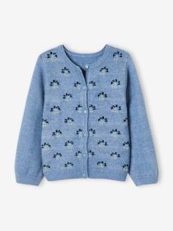 Niña-Jerséis, chaquetas de punto, sudaderas-Chaquetas de punto-Chaqueta de punto jacquard con motivos de flores adornadas con hilos brillantes, para niña