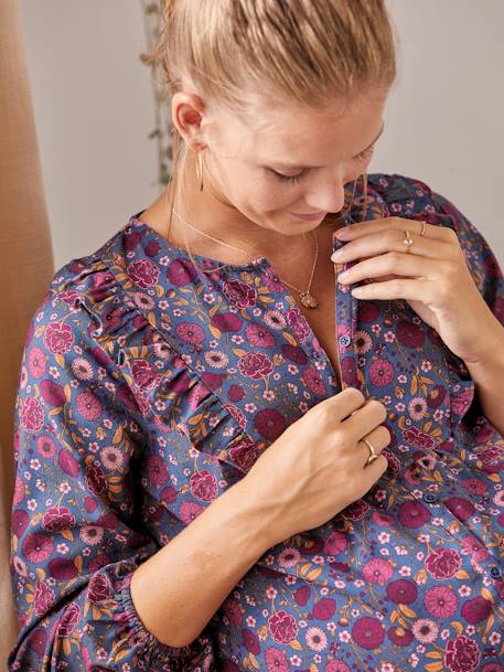 Blusa estampada abotonada para embarazo y lactancia AZUL OSCURO LISO 
