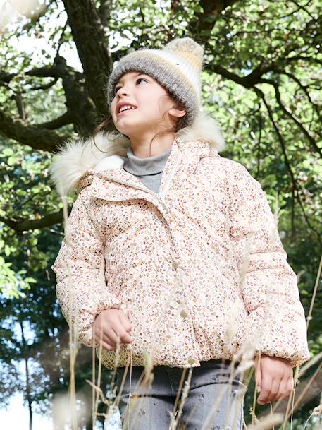 Chaqueta acolchada corta con capucha estampada de flores, niña BEIGE CLARO LISO+VIOLETA MEDIO ESTAMPADO 