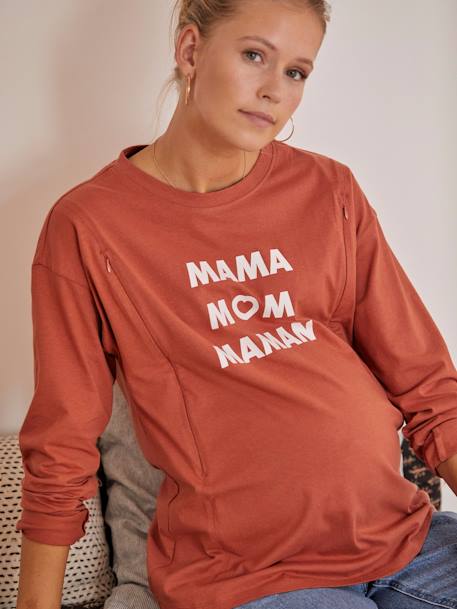 Camiseta con mensaje para embarazo y lactancia MARRON MEDIO LISO CON MOTIVOS 