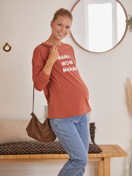 Camiseta con mensaje para embarazo y lactancia MARRON MEDIO LISO CON MOTIVOS 