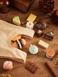 Juguetes-Juegos de imitación-Cocinitas y accesorios de cocinas-Bolsa con pasteles y chocolates de madera FSC®