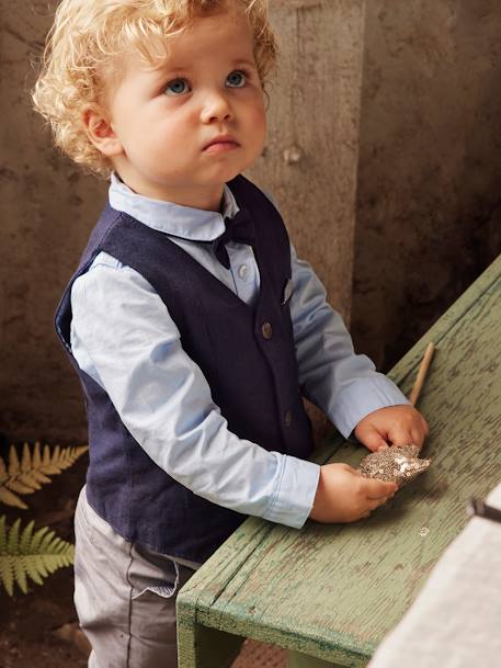 Sociología Cliente lino Conjunto para bebé niño de ceremonia con chaleco de punto + camisa +  pajarita + pantalón azul oscuro liso - Vertbaudet