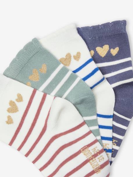 Pack de 4 pares de calcetines medianos a rayas y corazones brillantes azul 