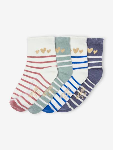 Pack de 4 pares de calcetines medianos a rayas y corazones brillantes azul 