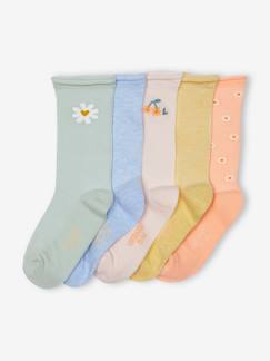 Niña-Lote de 5 pares de calcetines de punto de canalé «Margaritas» para niña