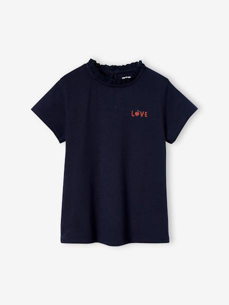 Camiseta de manga corta con cuello para niña azul marino+crudo 