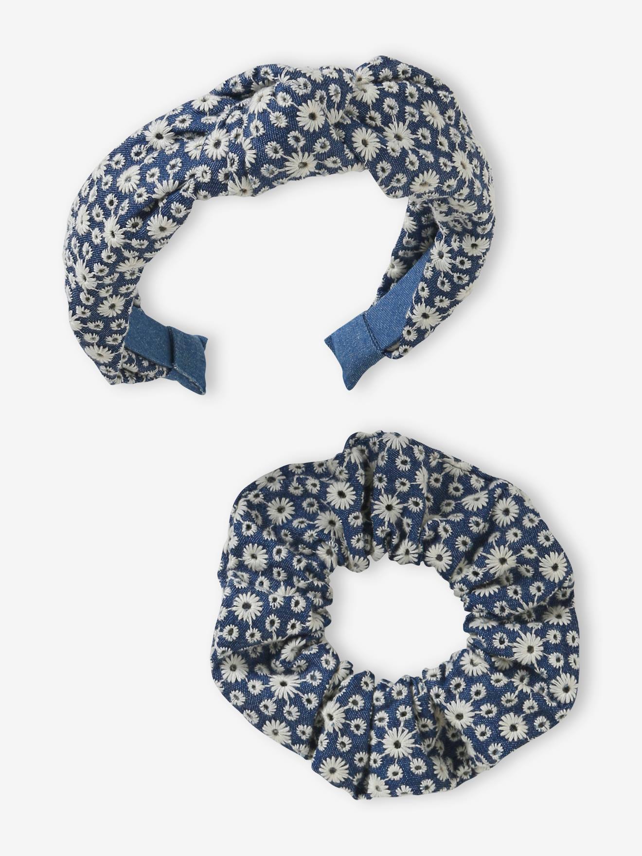 Conjunto diadema + goma para el pelo de bordado inglés para niña azul jeans  - Vertbaudet
