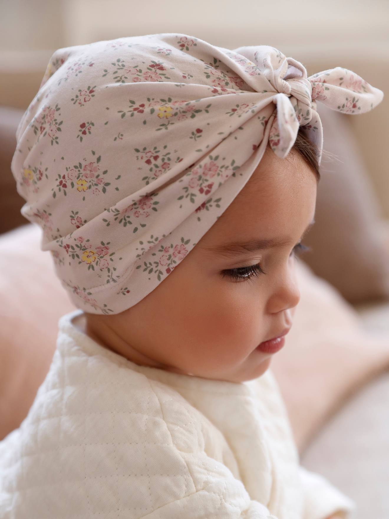 Gorro estilo turbante de punto estampado para bebé niña beige maquillaje -  Vertbaudet
