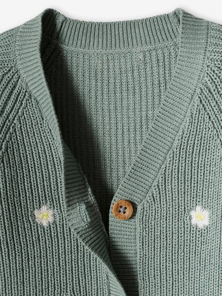 Chaqueta bordada con canalé inglés y cuello de pico para bebé verde agua 