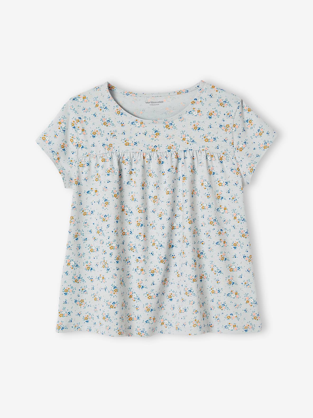 Camiseta estilo blusa con flores, para niña azul claro - Vertbaudet